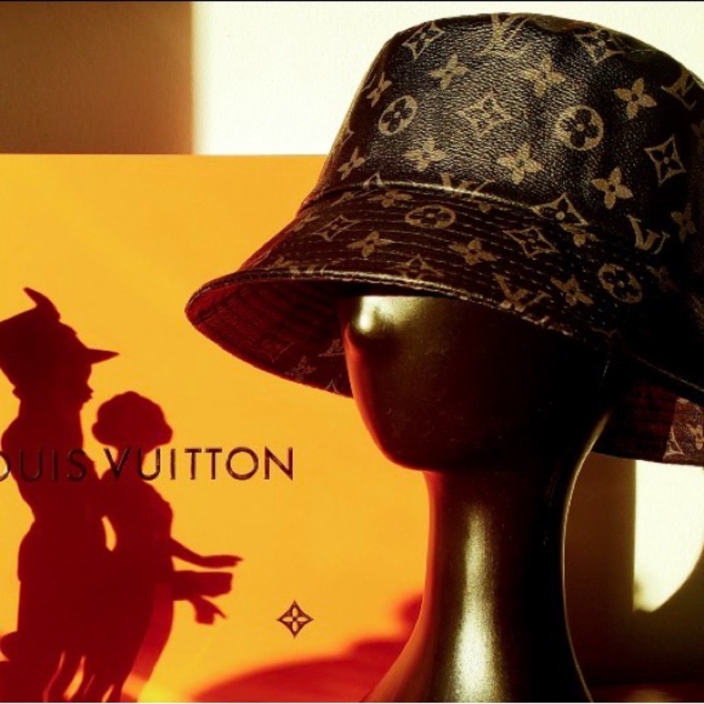 Leather Monogram Black Gray Bucket Hat Calf Skin jacquard Unisex
